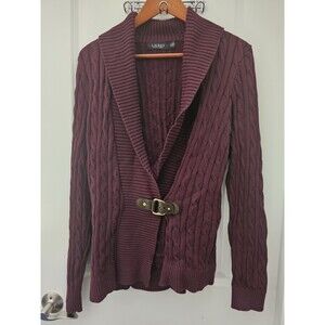 Ralph Lauren Burgundy Cable Knit Cardigan Sweater Leather Belted Shawl Collar XL